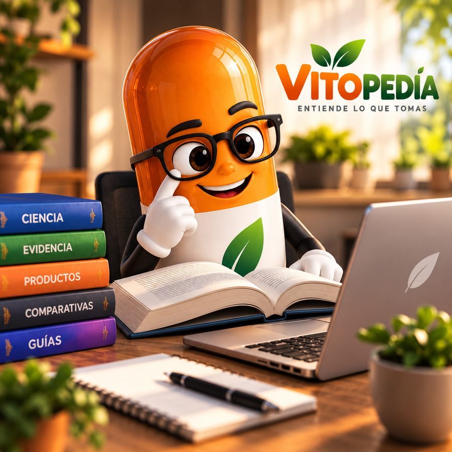 Vito, la cápsula mascota de Vitopedia, estudiando con libros de ciencia y evidencia